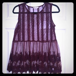 Maroon/Wine Color Mesh Lace Babydoll Style Top